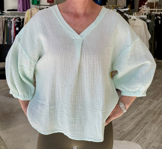 Double Gauze V Neck Top - Sheer Blue