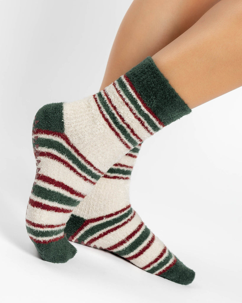 Rugby Stripe Cozy Crew Grip Sock - Ivory