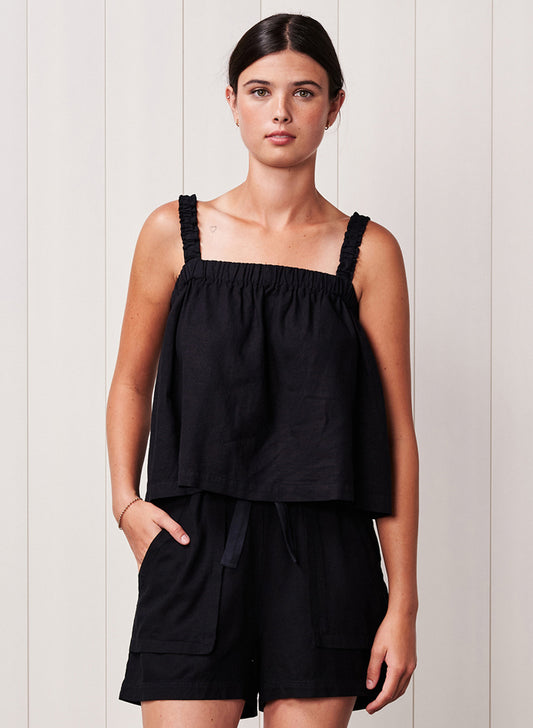 Linen Ruched Shoulder Tank - New Navy